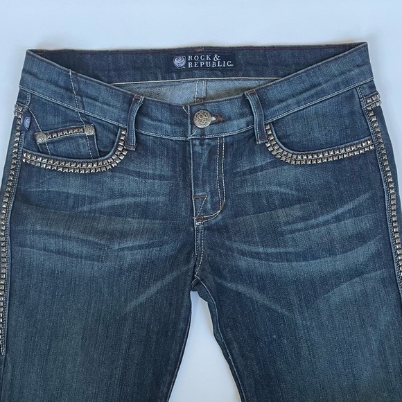 Rock & Republic Studded Dark Wash Straight Leg Denim Skull Jeans 26 - Picture 4 of 12